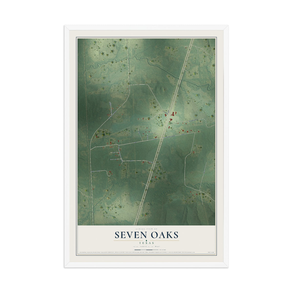 Map of Seven Oaks, Texas, 12 x 18 inch print in a white wood frame