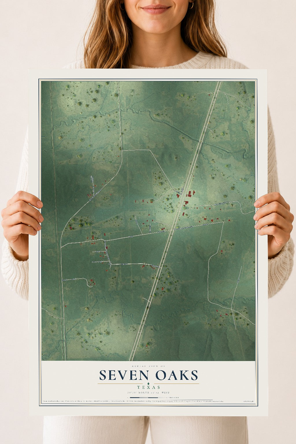Map of Seven Oaks, Texas, 18 x 24 inch unframed archival matte print