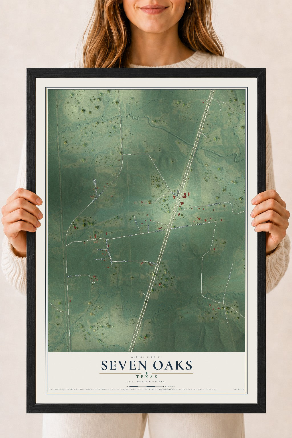 Map of Seven Oaks, Texas, 18 x 24 inch print in a black wood frame