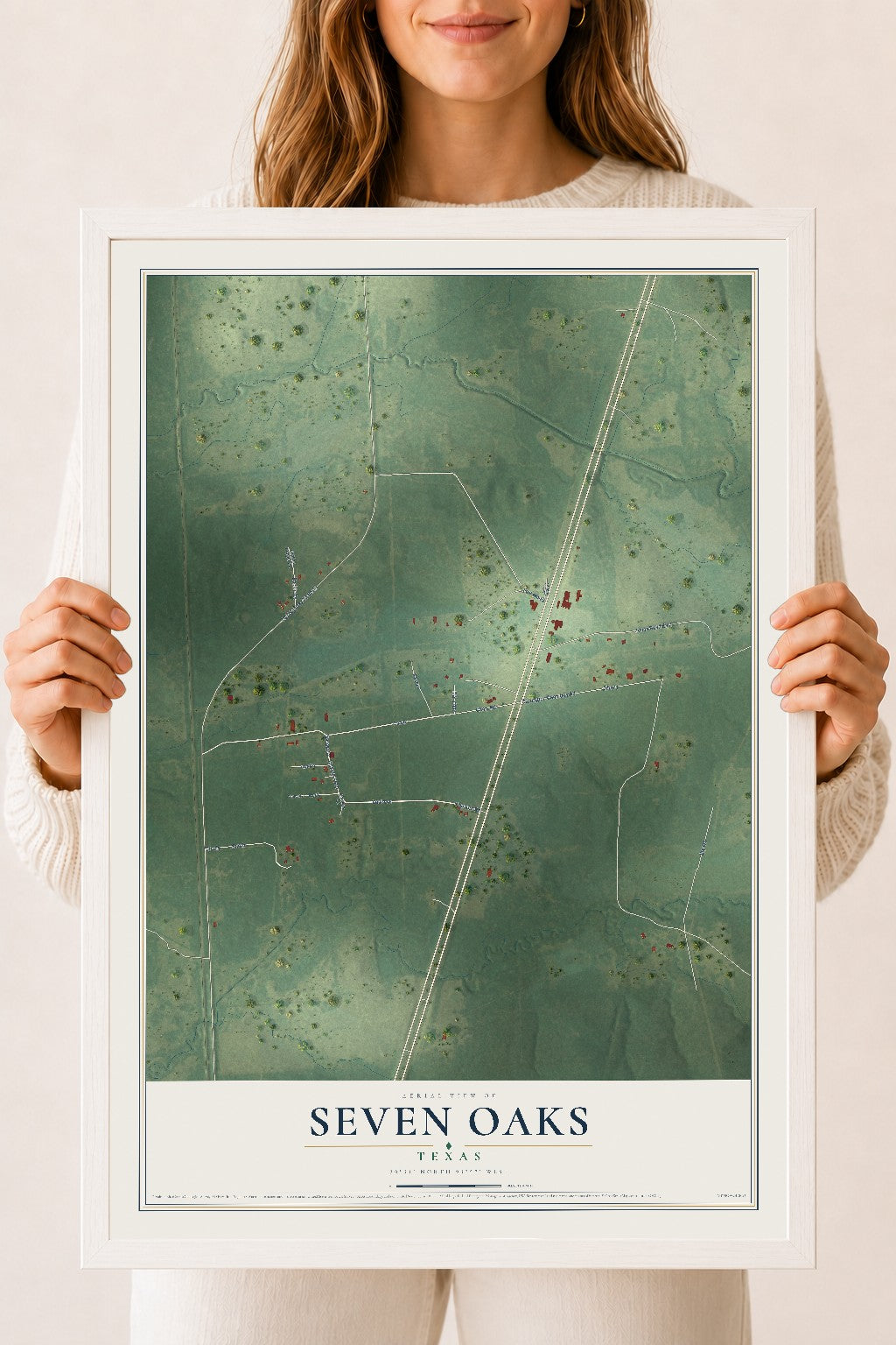 Map of Seven Oaks, Texas, 18 x 24 inch print in a white wood frame