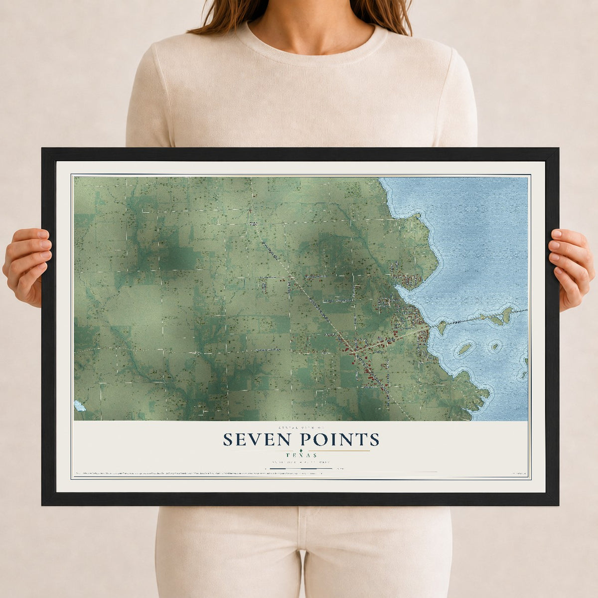 Map of Seven Points, Texas, 12 x 18 inch print in a black wood frame