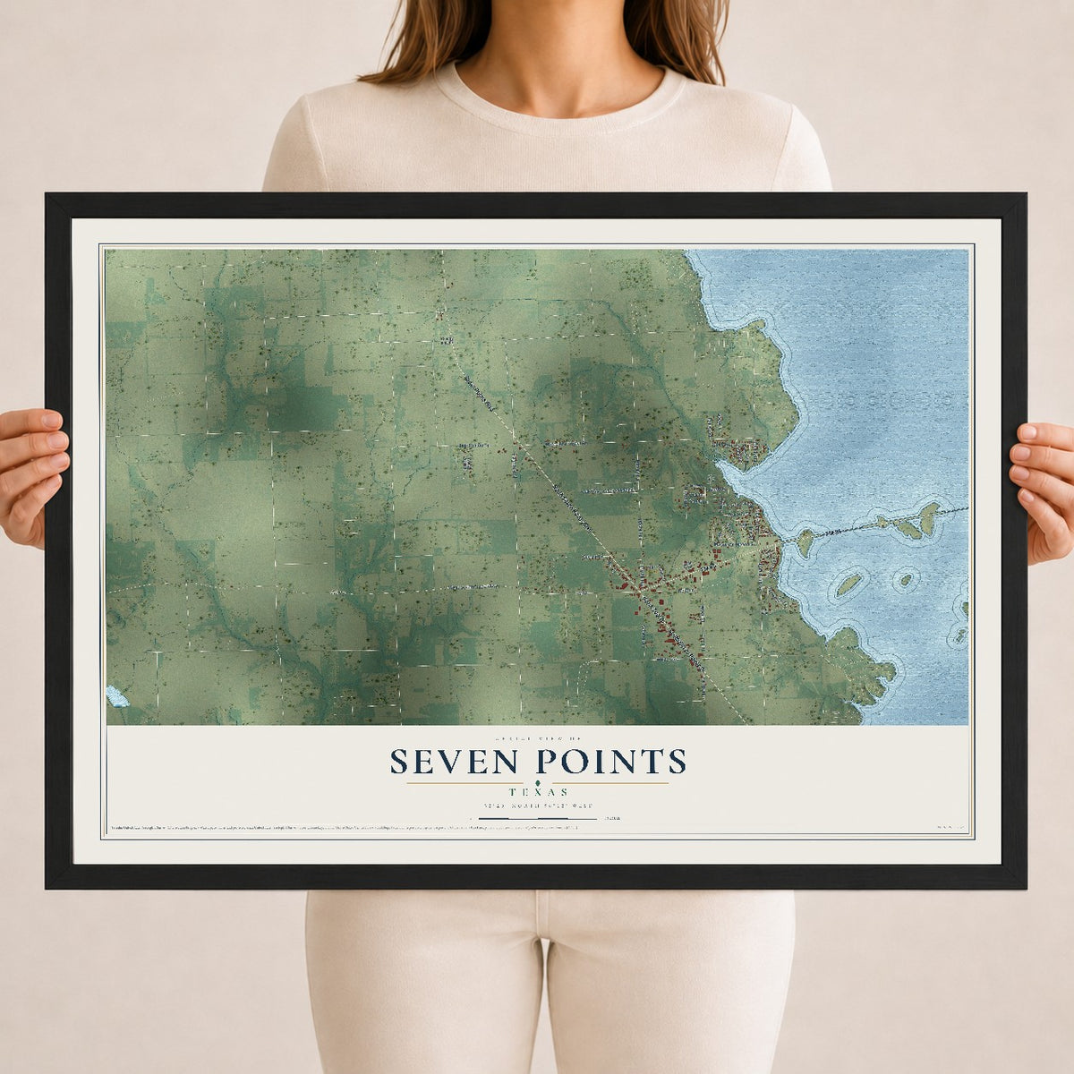 Map of Seven Points, Texas, 18 x 24 inch print in a black wood frame