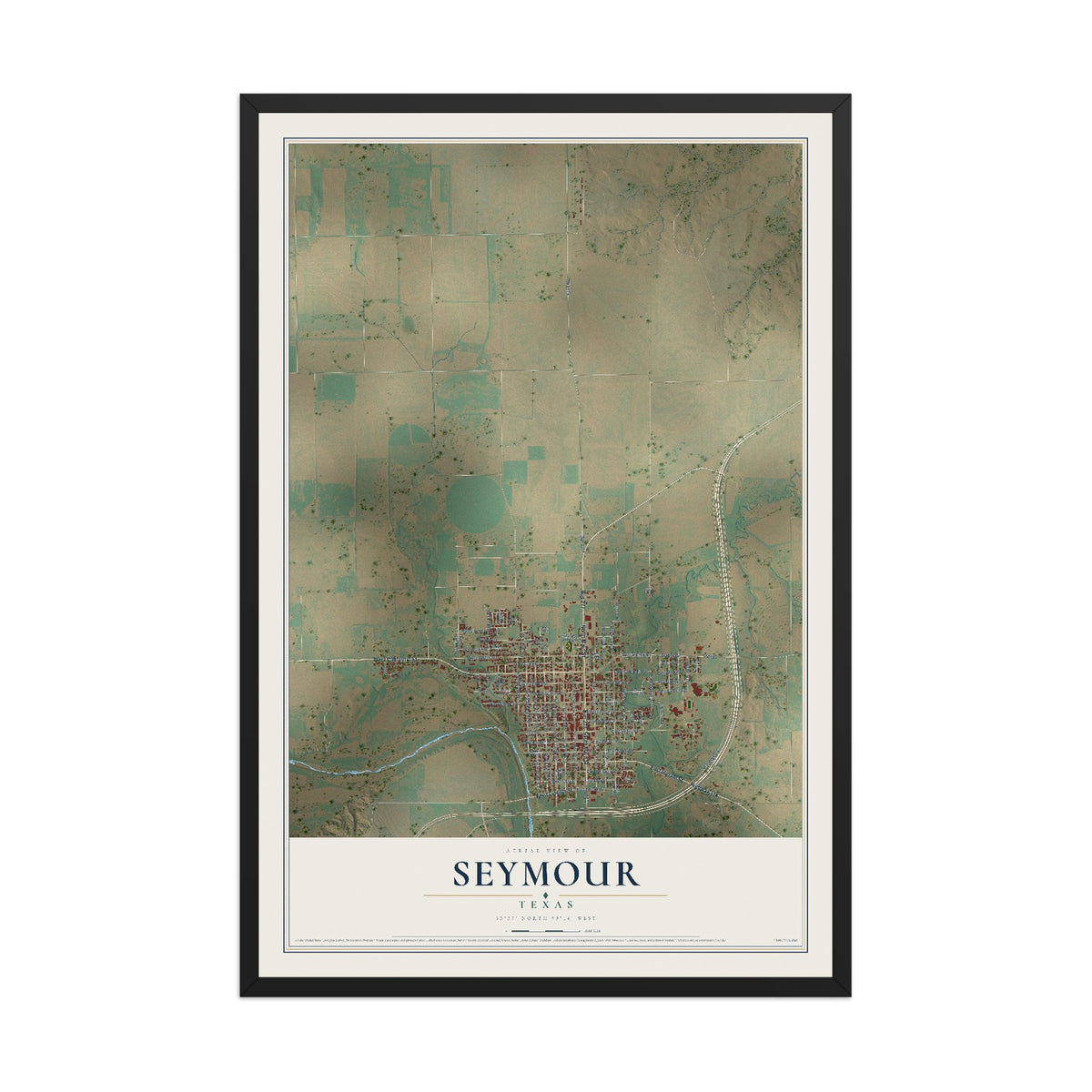 Map of Seymour, Texas, 12 x 18 inch print in a black wood frame
