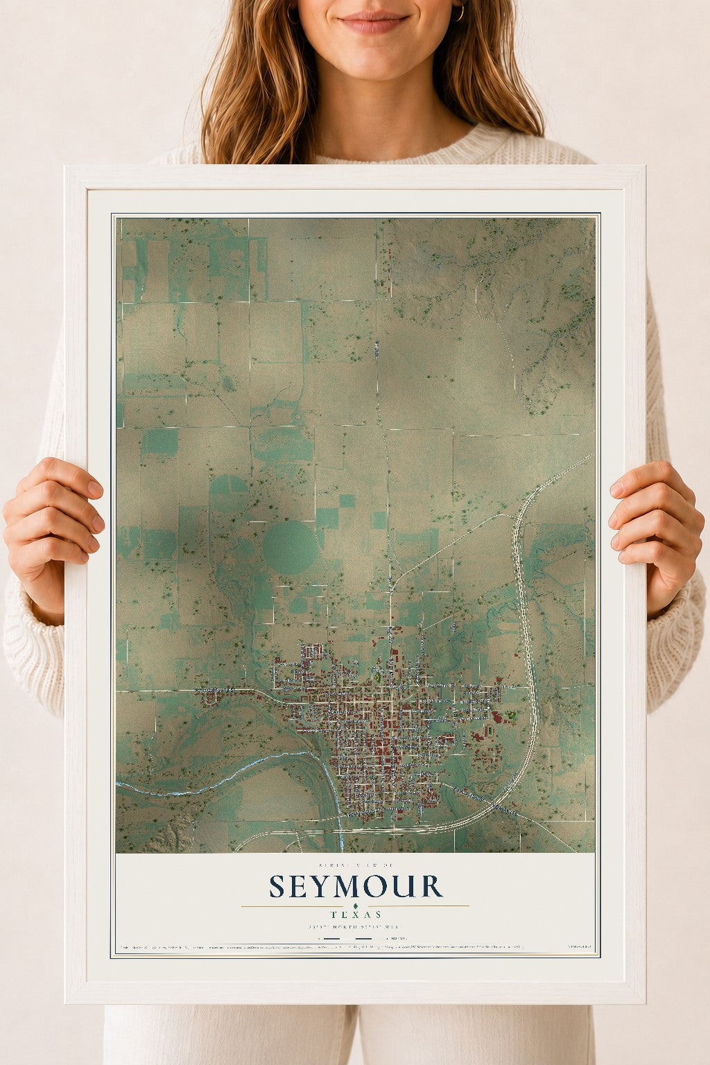 Map of Seymour, Texas, 18 x 24 inch print in a white wood frame