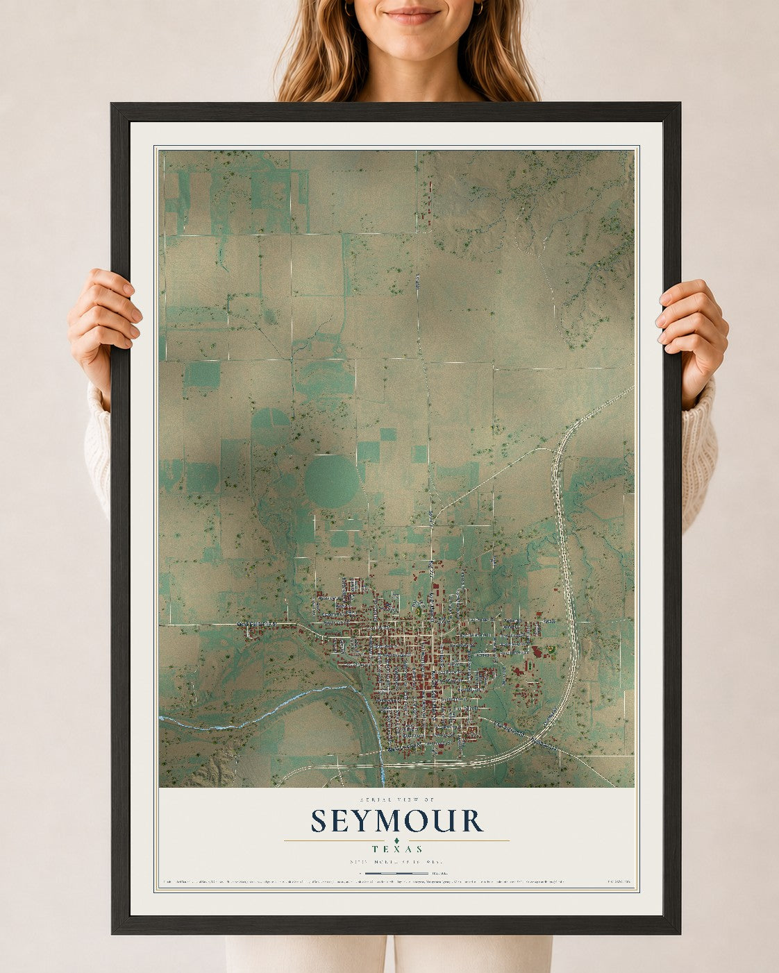 Map of Seymour, Texas, 24 x 36 inch print in a black wood frame