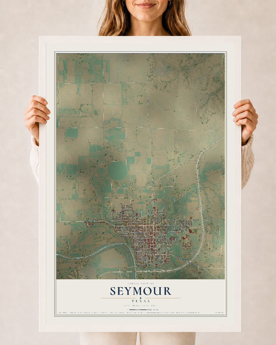 Map of Seymour, Texas, 24 x 36 inch print in a white wood frame