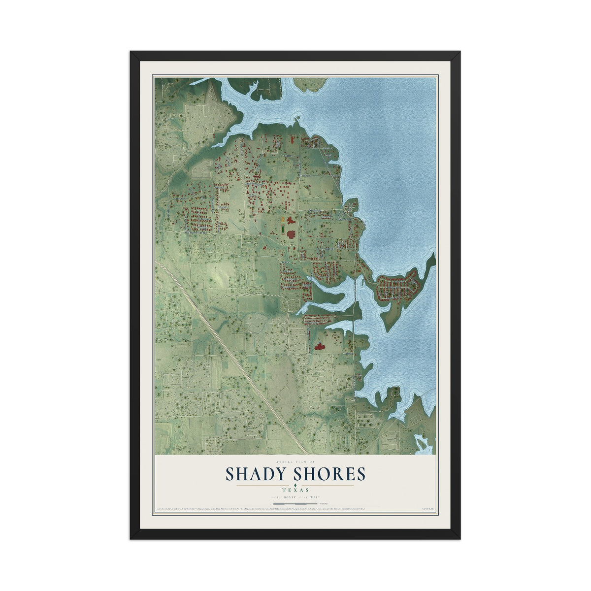 Map of Shady Shores, Texas, 12 x 18 inch print in a black wood frame