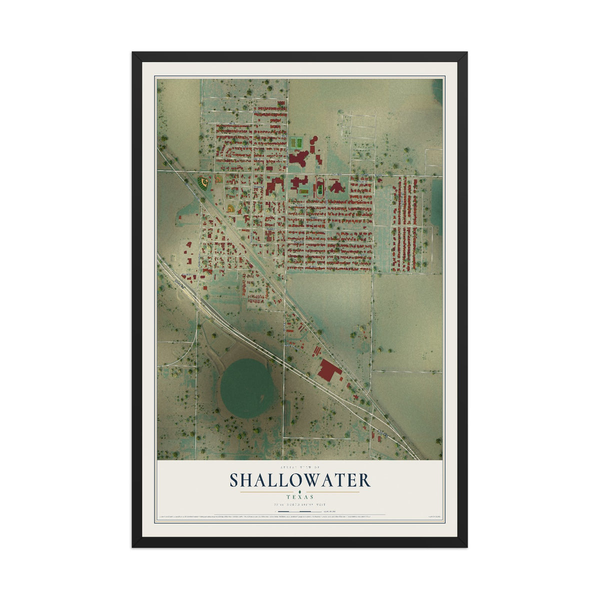 Map of Shallowater, Texas, 12 x 18 inch print in a black wood frame