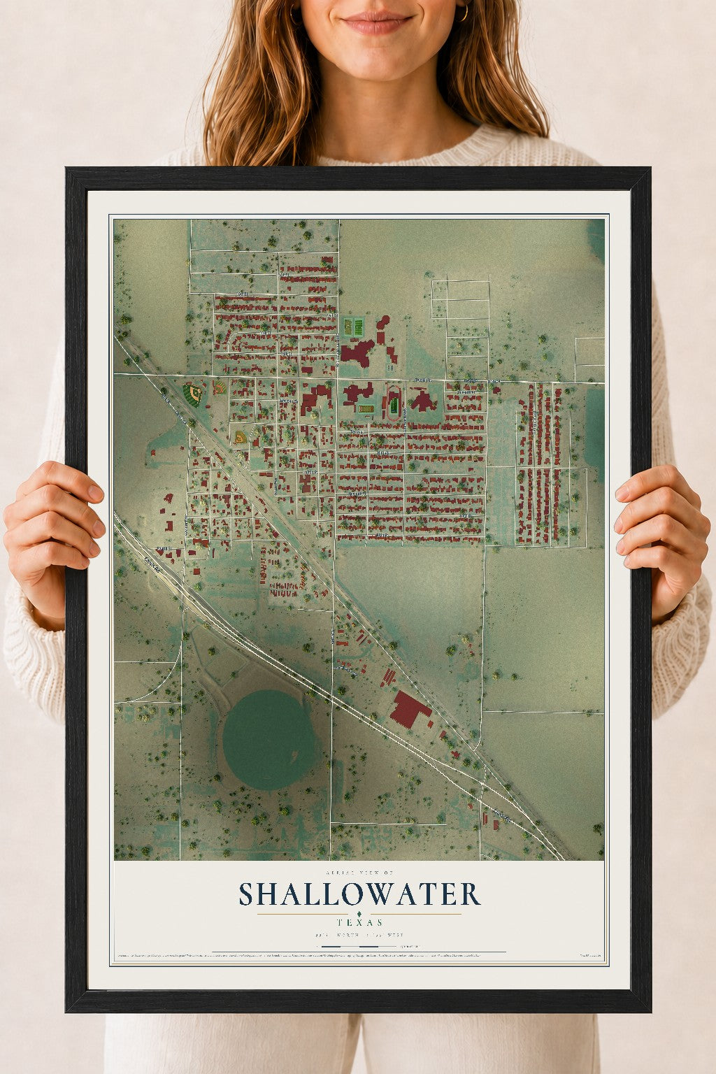 Map of Shallowater, Texas, 18 x 24 inch print in a black wood frame
