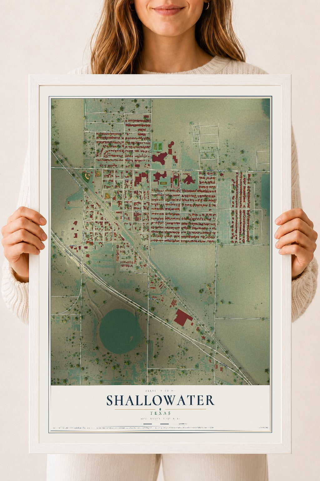 Map of Shallowater, Texas, 18 x 24 inch print in a white wood frame