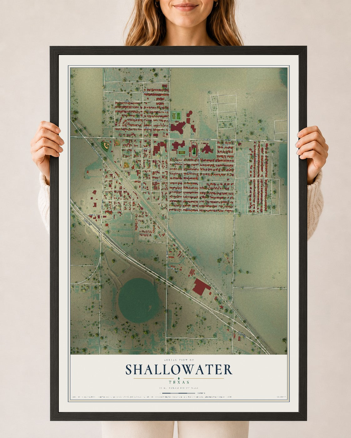 Map of Shallowater, Texas, 24 x 36 inch print in a black wood frame