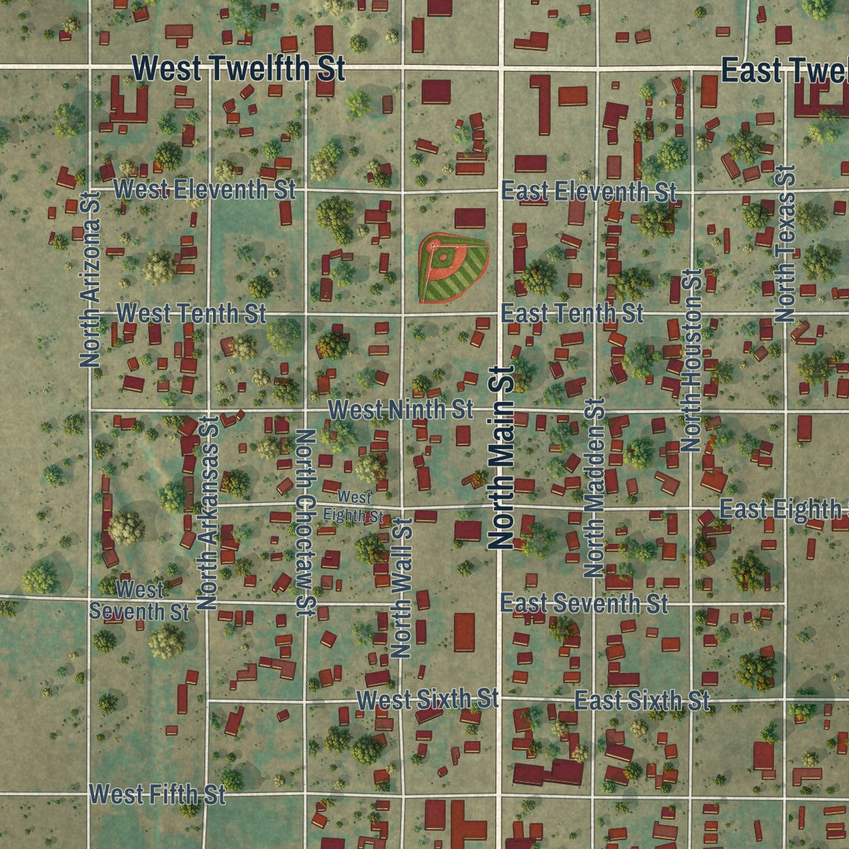 Close-up of the map of Shamrock, Texas print showing street and building detail