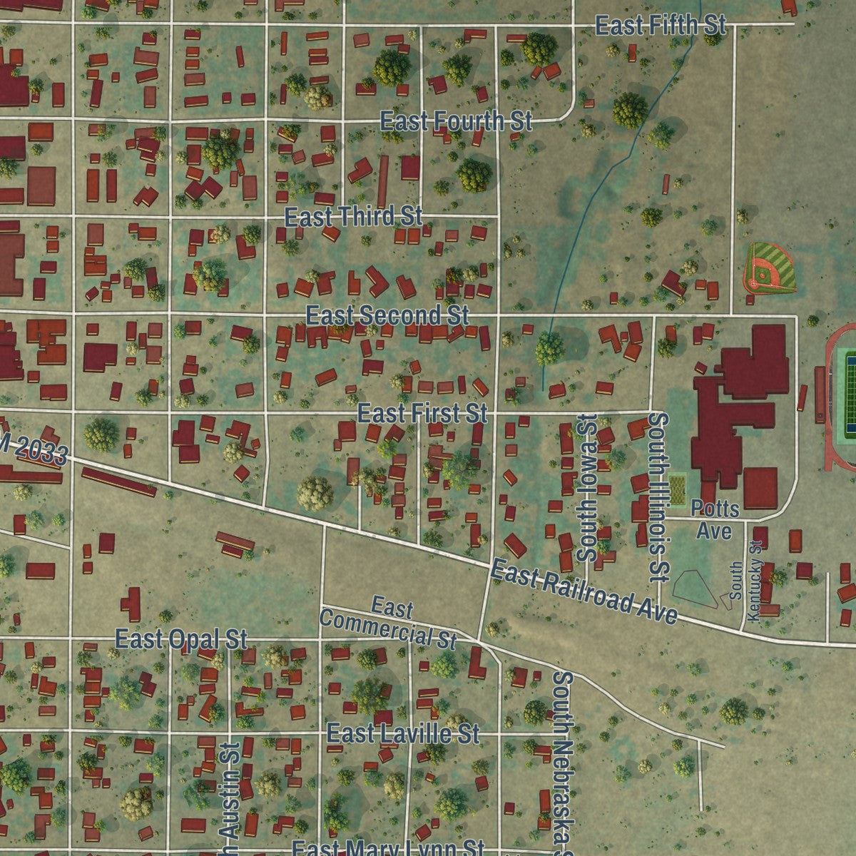 Second close-up of the map of Shamrock, Texas print showing more streets and buildings