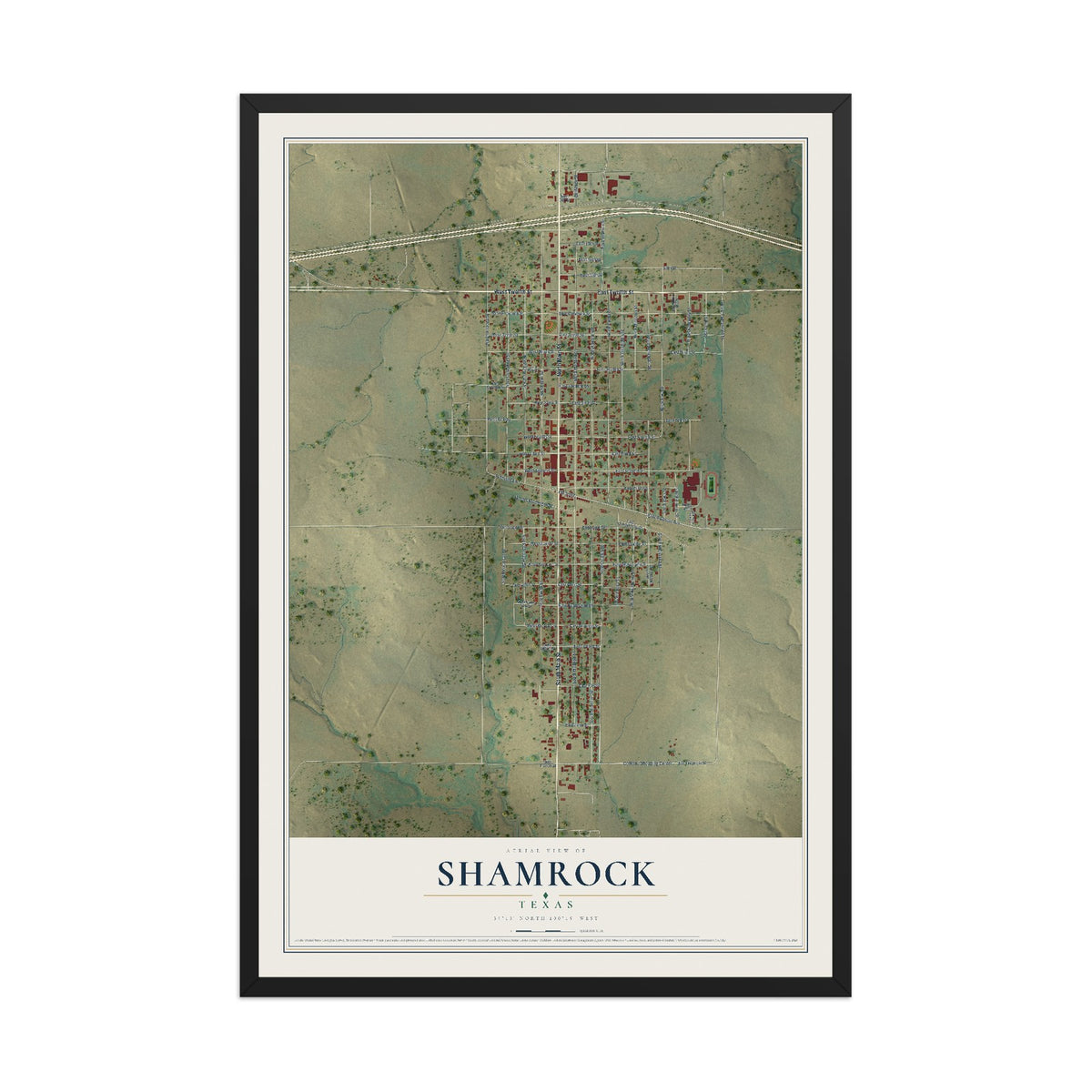 Map of Shamrock, Texas, 12 x 18 inch print in a black wood frame