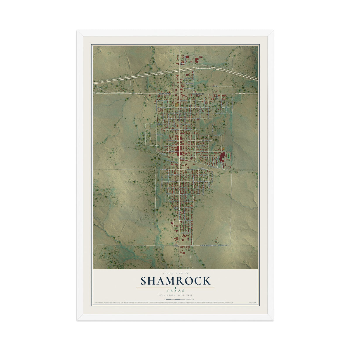 Map of Shamrock, Texas, 12 x 18 inch print in a white wood frame