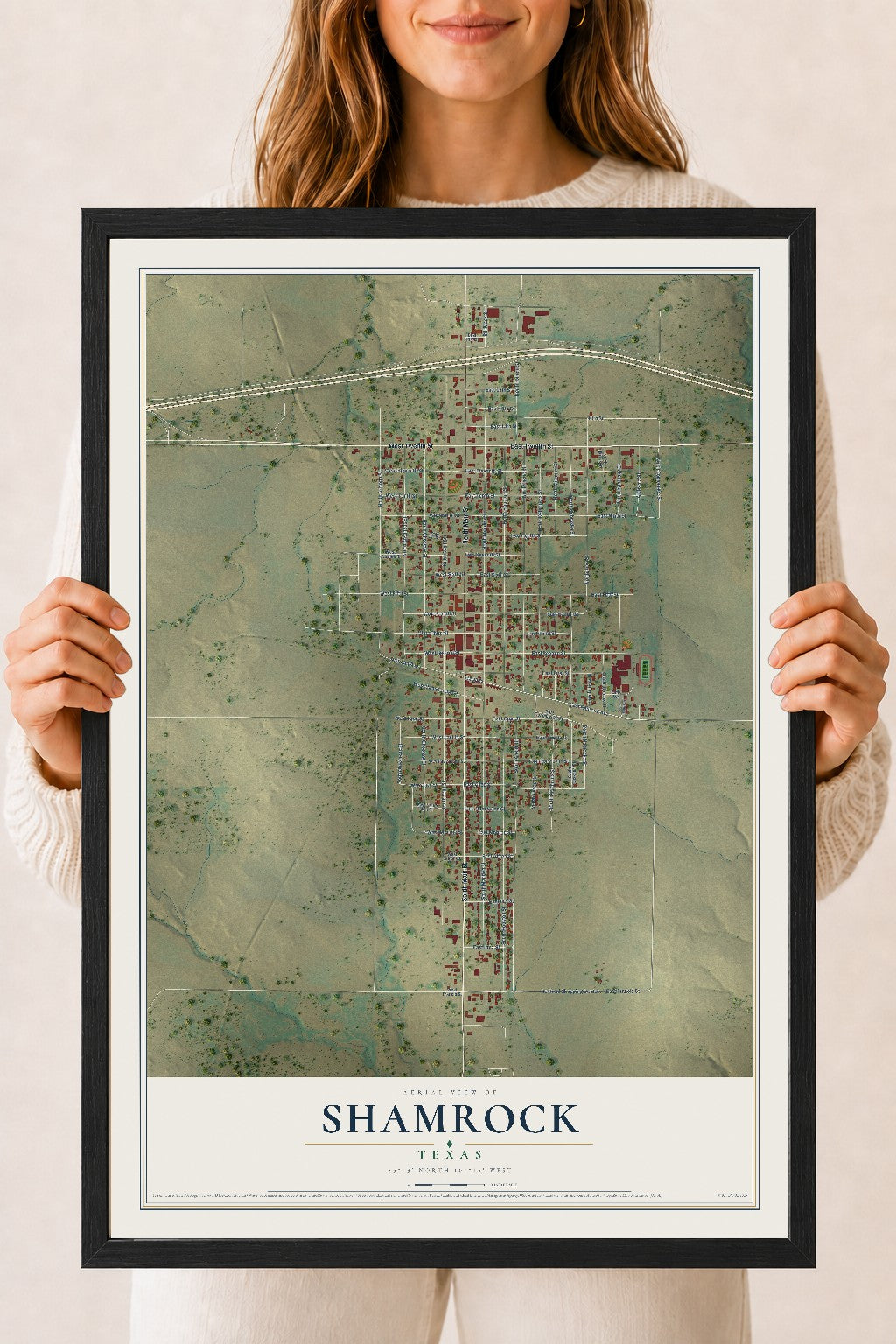 Map of Shamrock, Texas, 18 x 24 inch print in a black wood frame