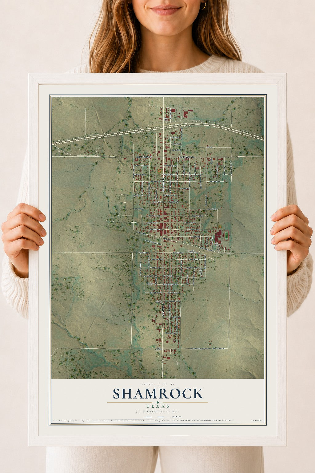 Map of Shamrock, Texas, 18 x 24 inch print in a white wood frame