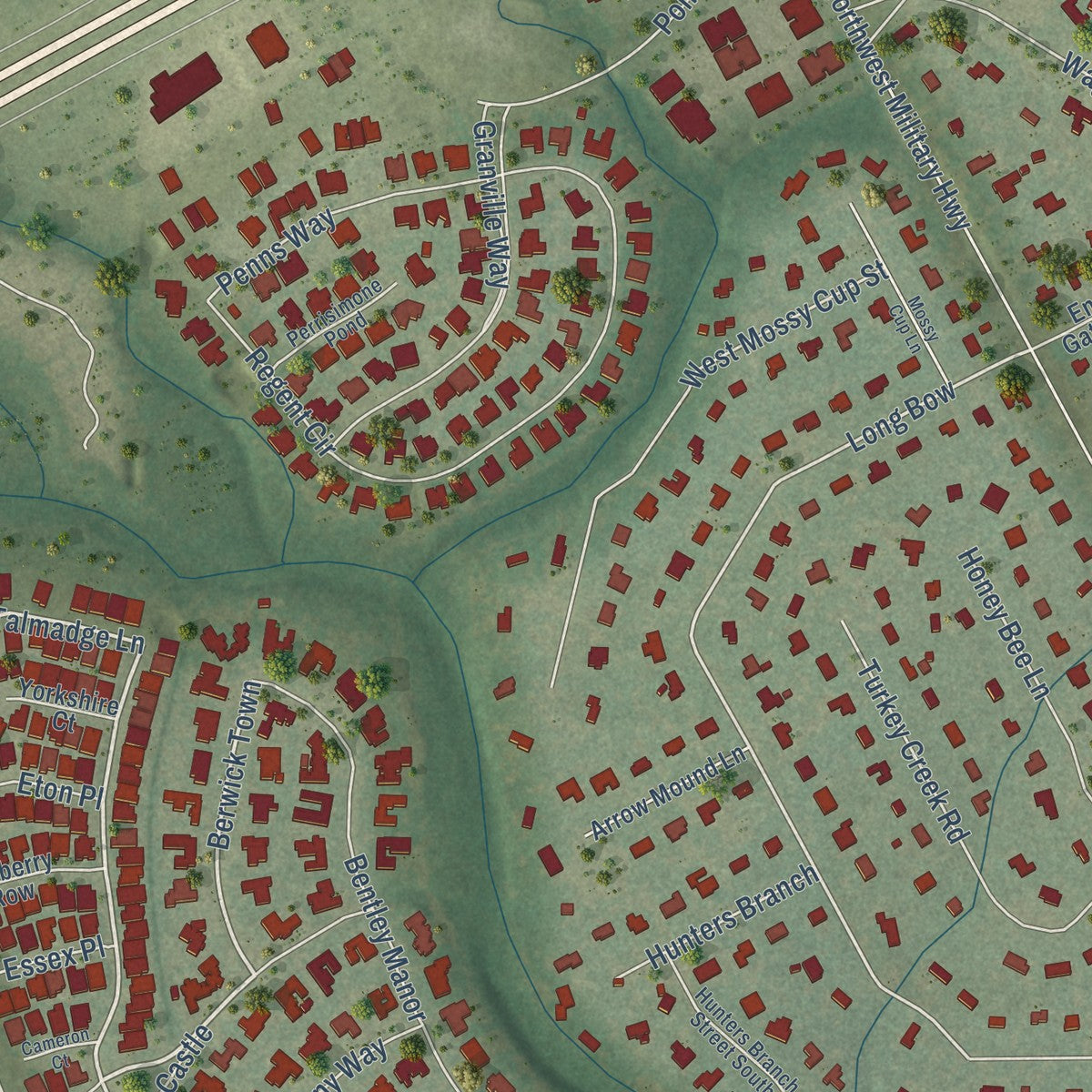 Close-up of the map of Shavano Park, Texas print showing street and building detail