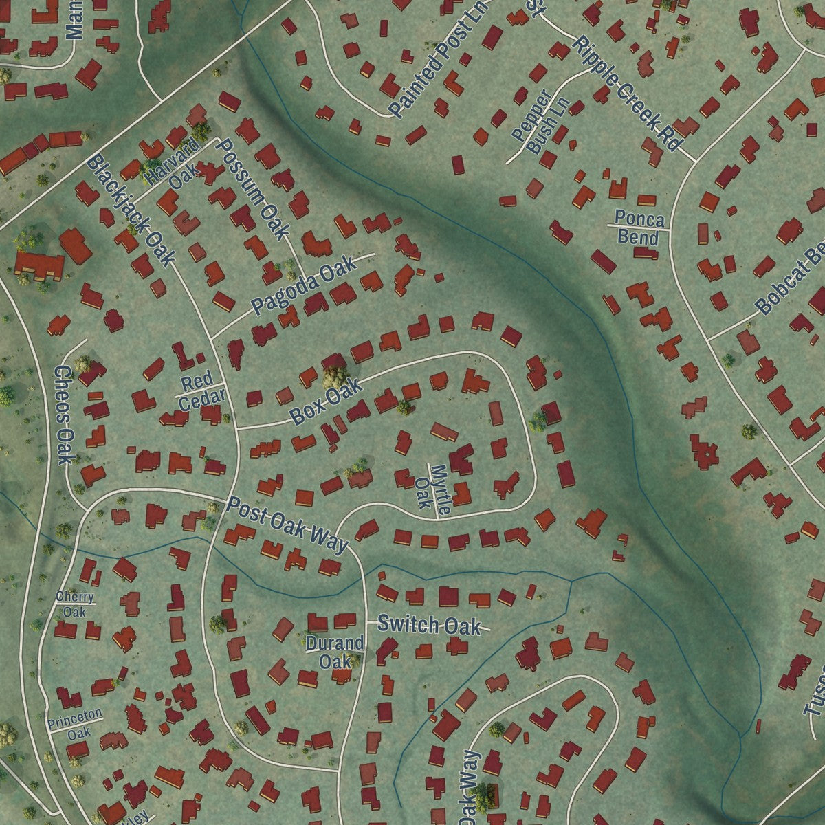 Second close-up of the map of Shavano Park, Texas print showing more streets and buildings
