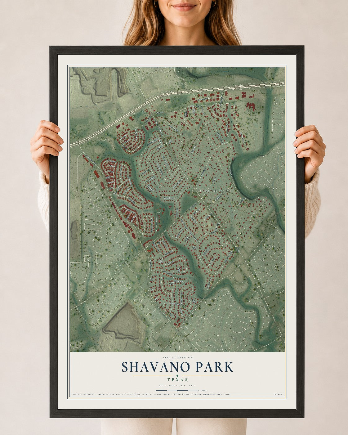 Map of Shavano Park, Texas, 24 x 36 inch print in a black wood frame