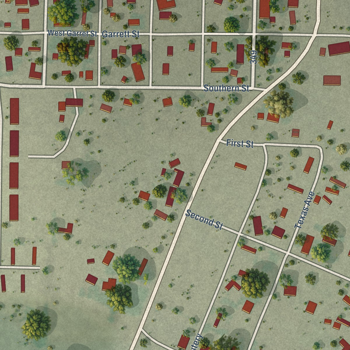 Close-up of the map of Sheffield, Texas print showing street and building detail