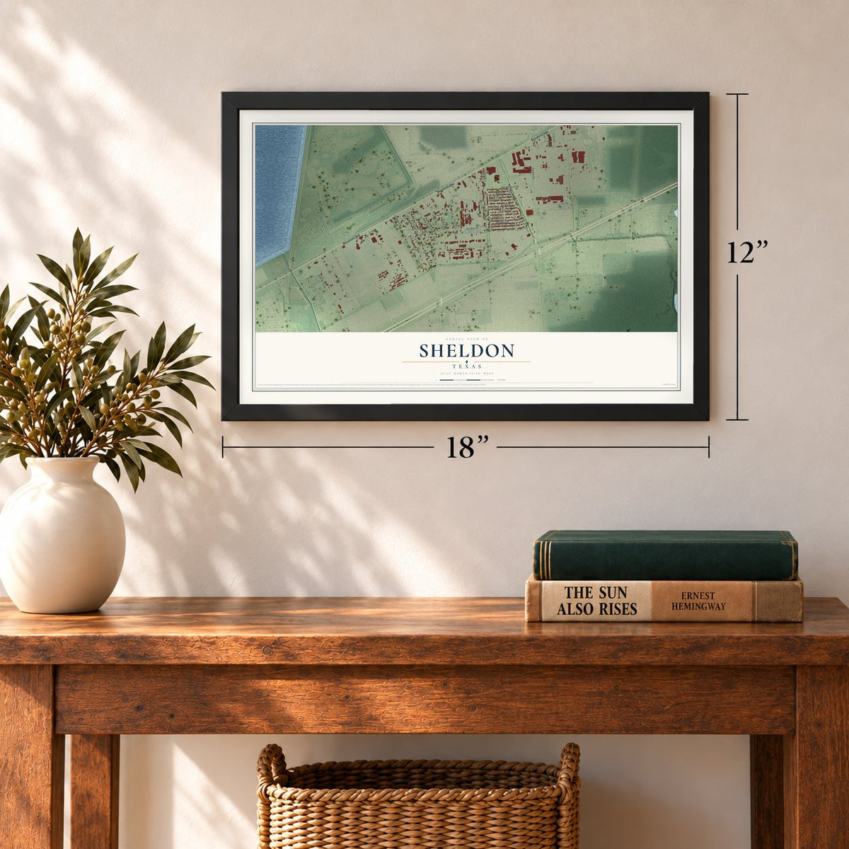 Sheldon, Texas map, 12 x 18 inch print in a black frame in an entryway