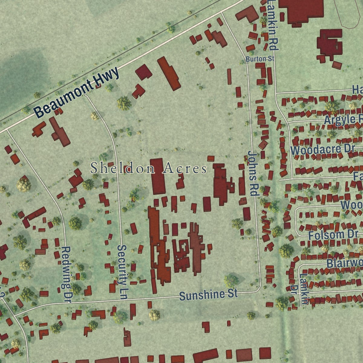 Close-up of the map of Sheldon, Texas print showing street and building detail