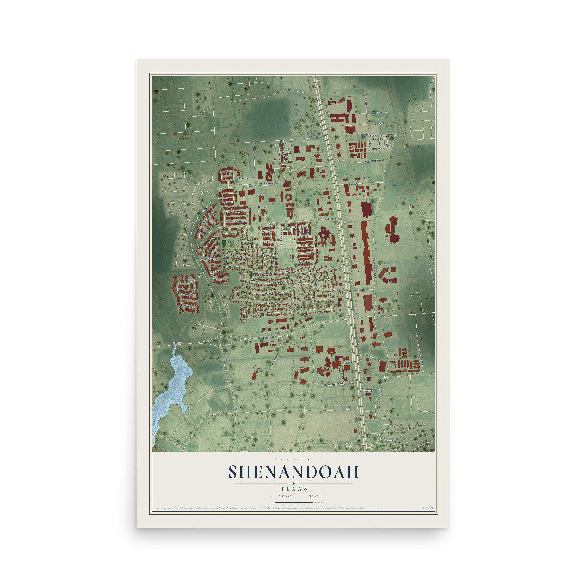 Map of Shenandoah, Texas, 12 x 18 inch unframed archival matte print