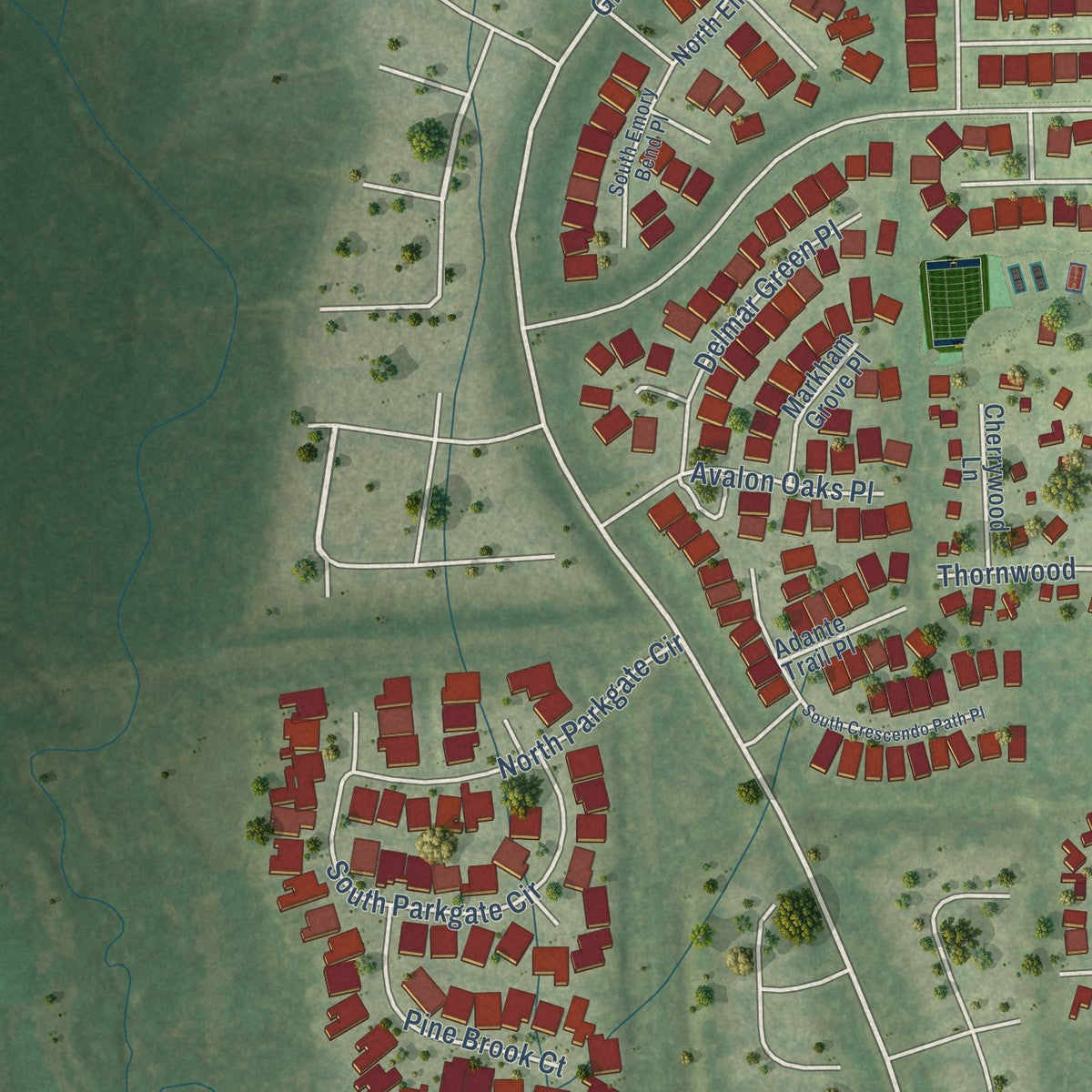 Second close-up of the map of Shenandoah, Texas print showing more streets and buildings