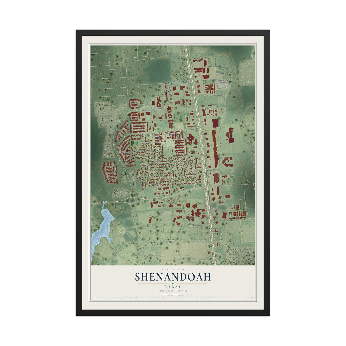 Map of Shenandoah, Texas, 12 x 18 inch print in a black wood frame