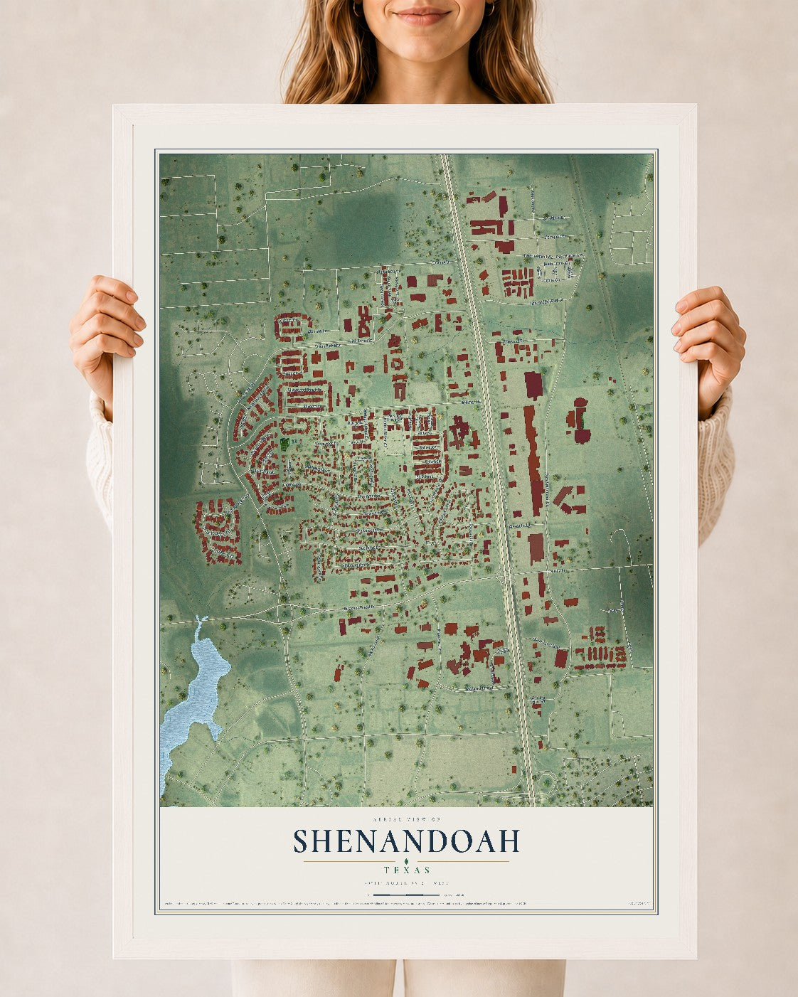 Map of Shenandoah, Texas, 24 x 36 inch print in a white wood frame