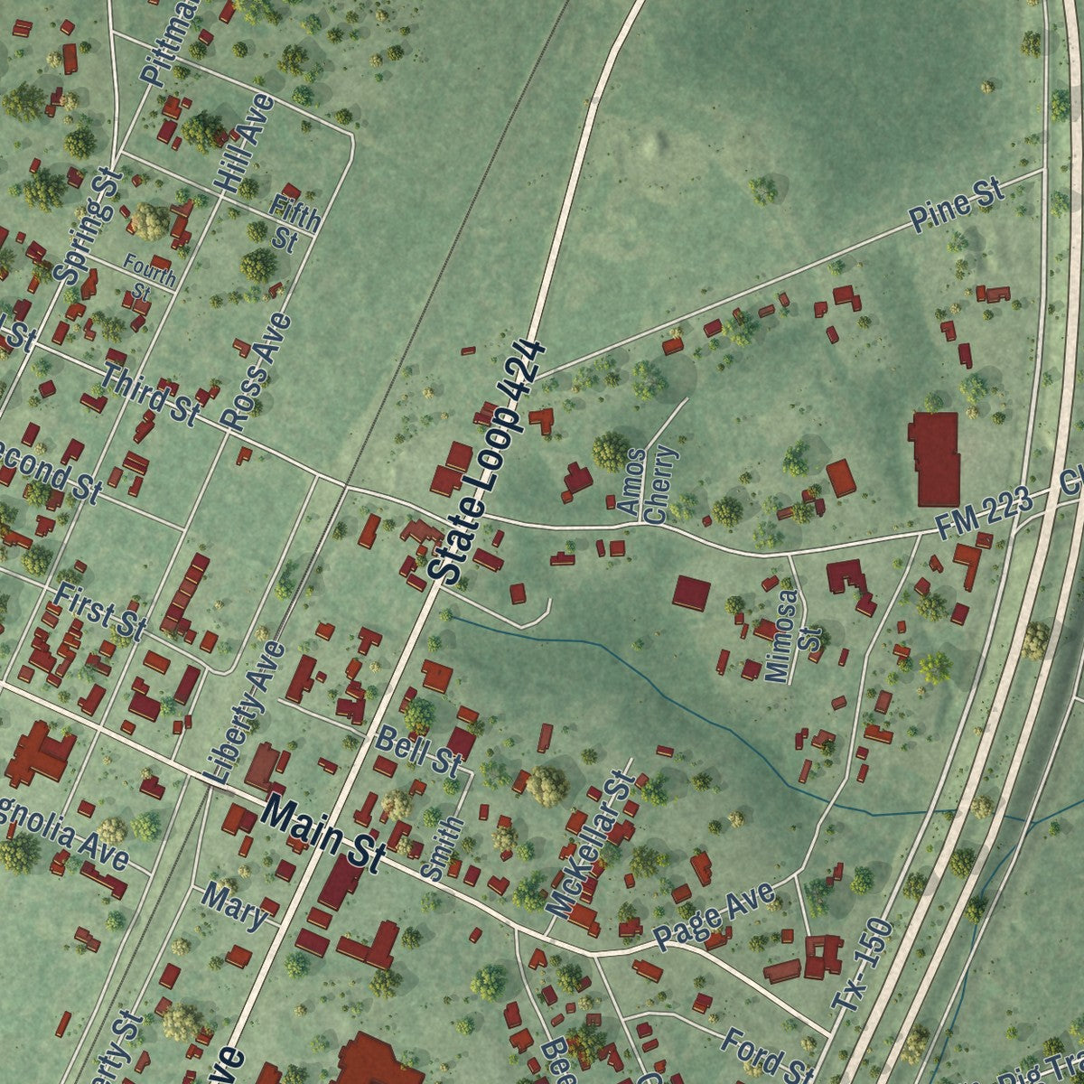 Close-up of the map of Shepherd, Texas print showing street and building detail