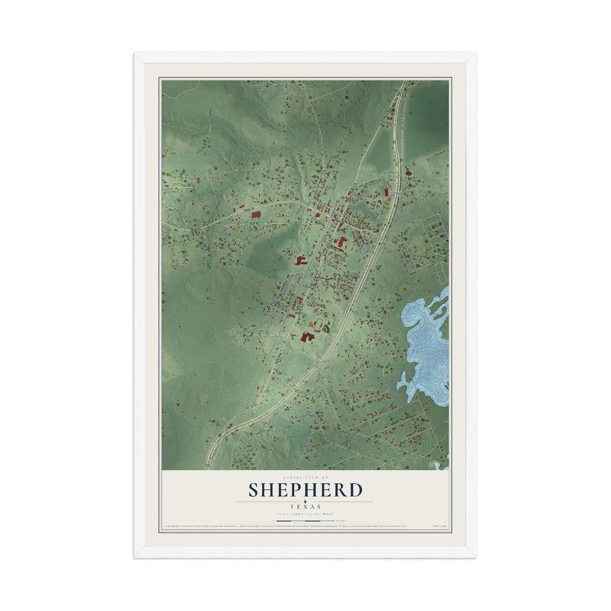 Map of Shepherd, Texas, 12 x 18 inch print in a white wood frame