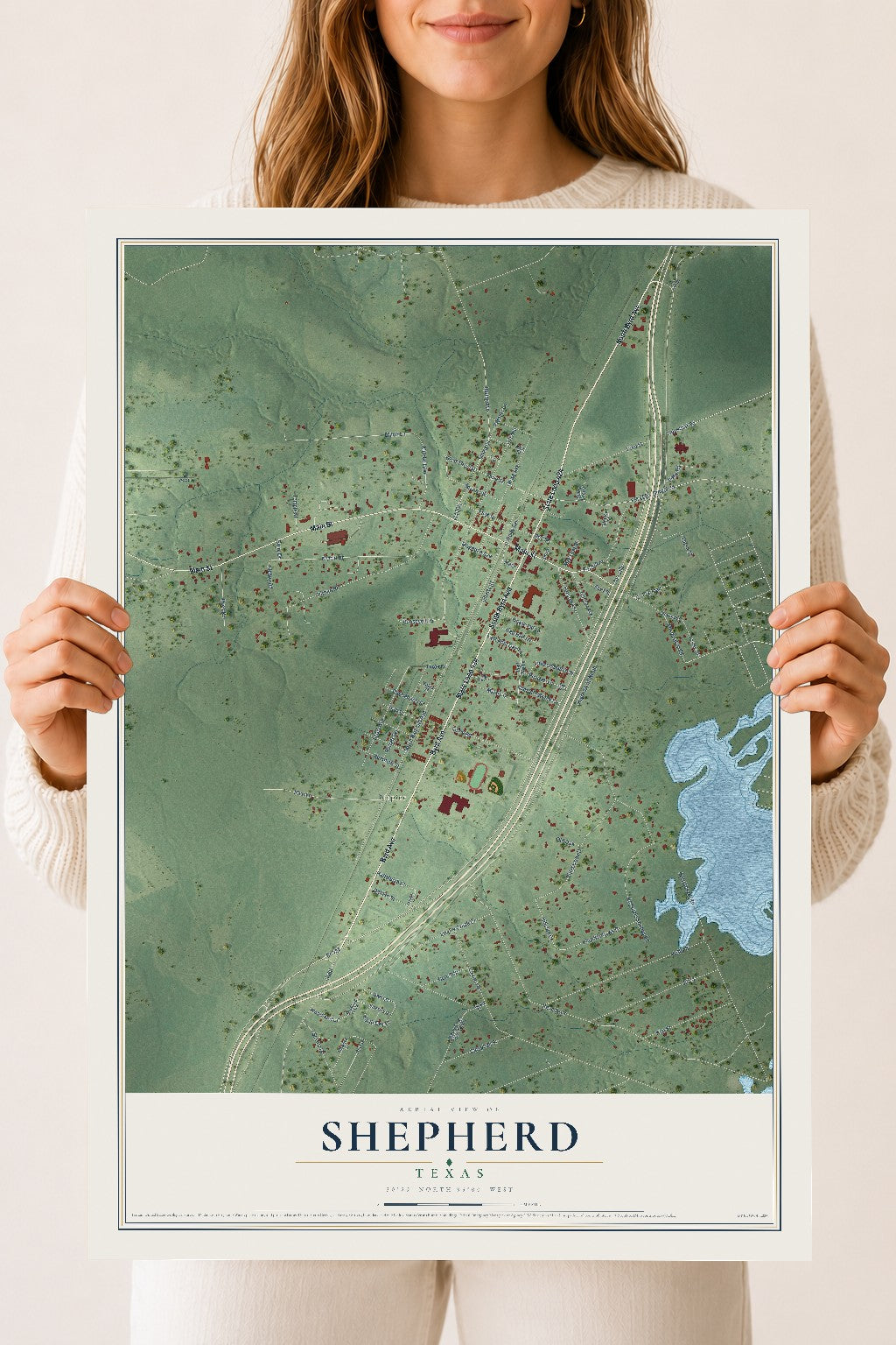 Map of Shepherd, Texas, 18 x 24 inch unframed archival matte print