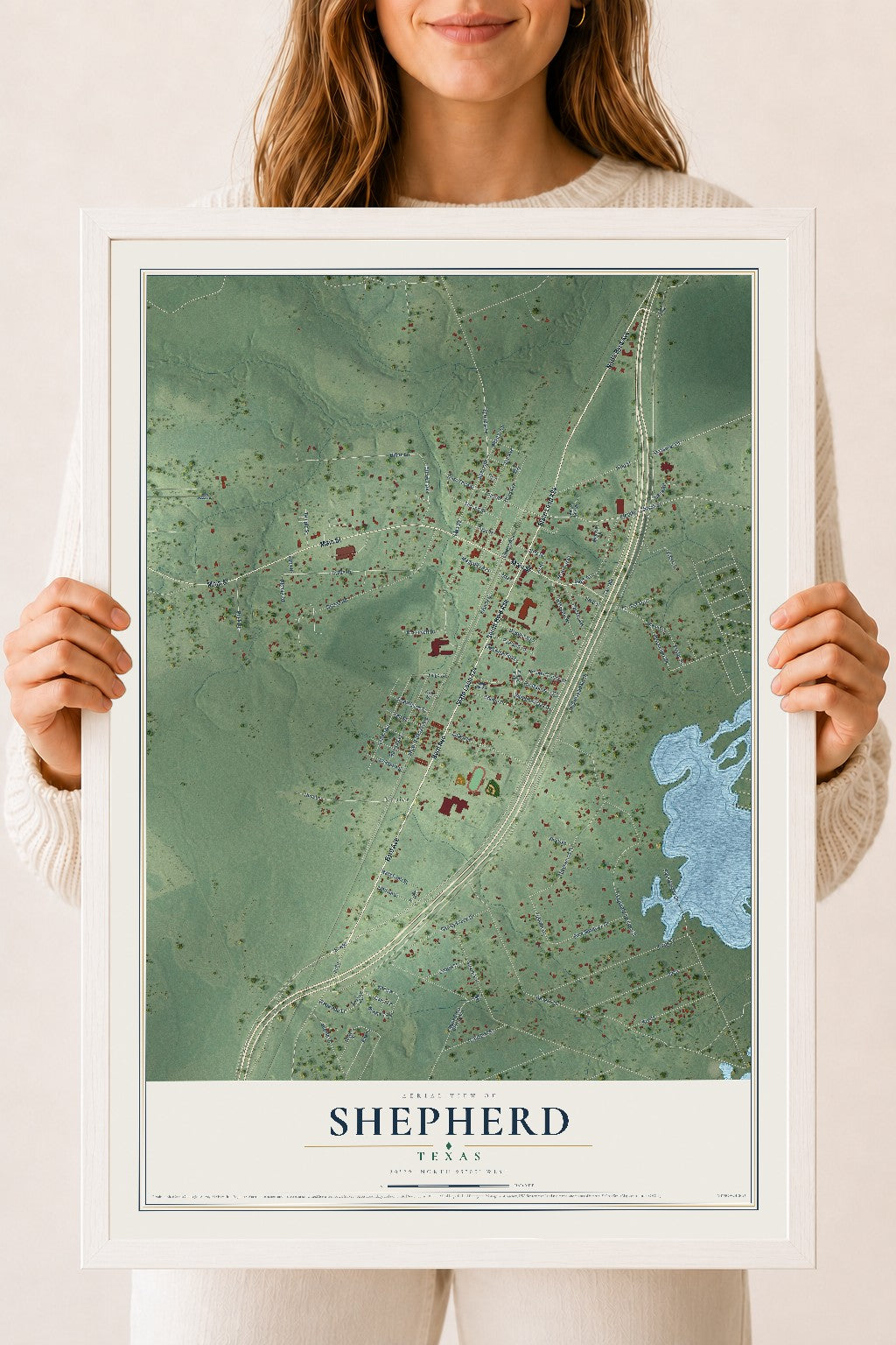 Map of Shepherd, Texas, 18 x 24 inch print in a white wood frame
