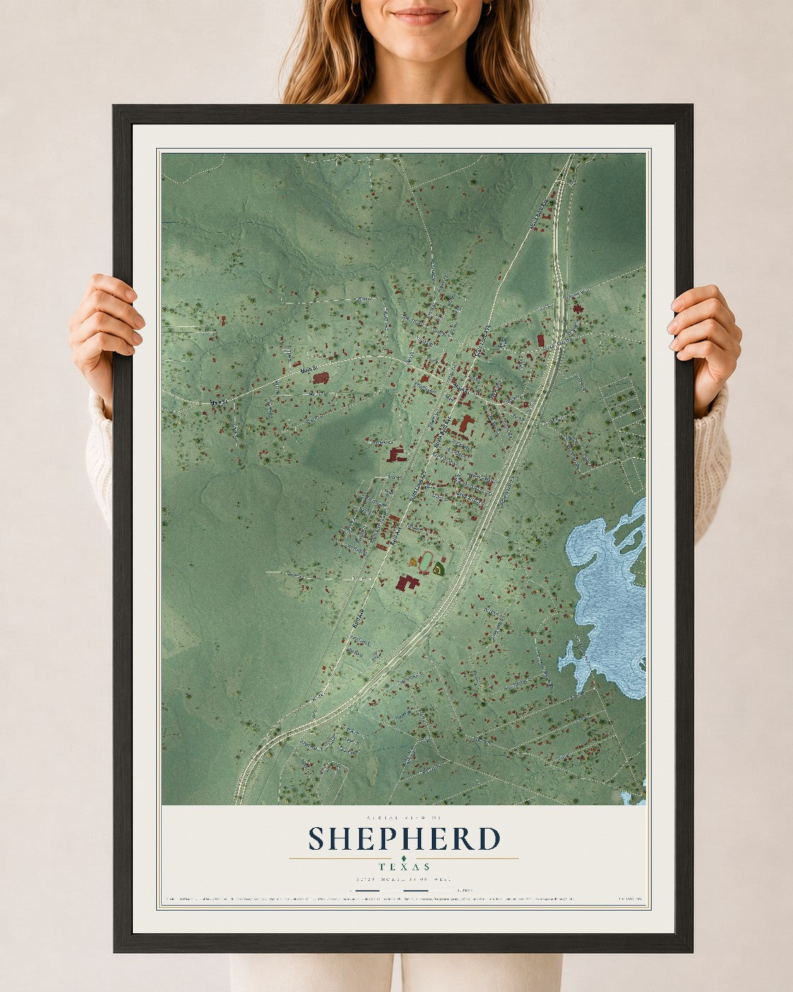 Map of Shepherd, Texas, 24 x 36 inch print in a black wood frame
