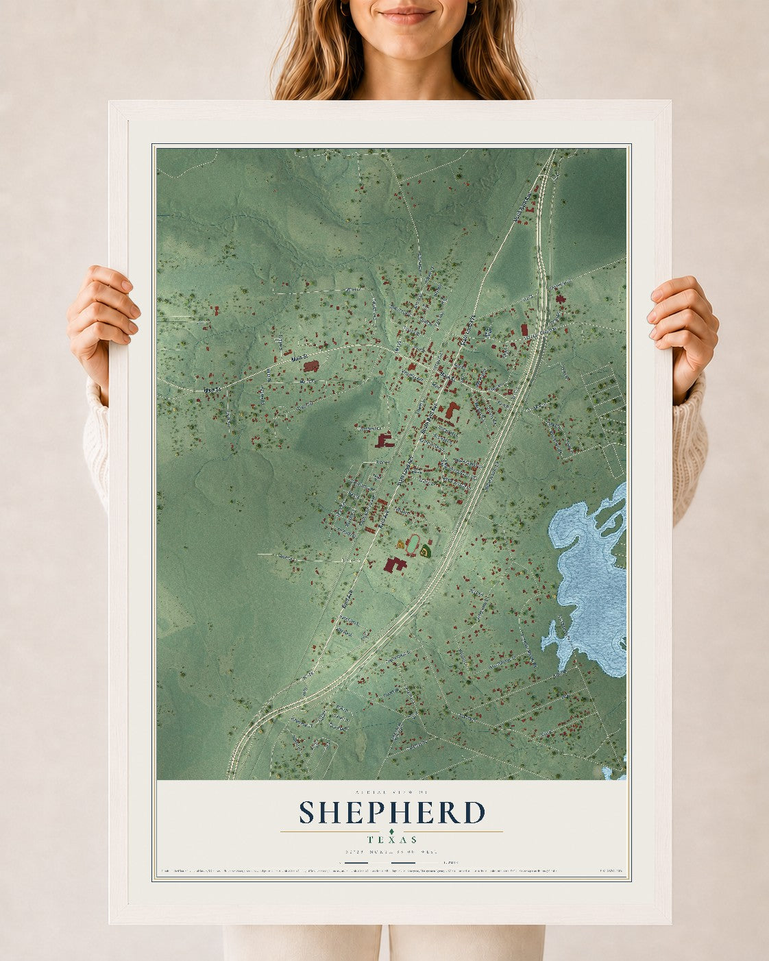 Map of Shepherd, Texas, 24 x 36 inch print in a white wood frame
