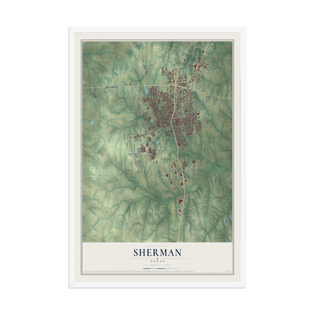 Map of Sherman, Texas, 12 x 18 inch print in a white wood frame