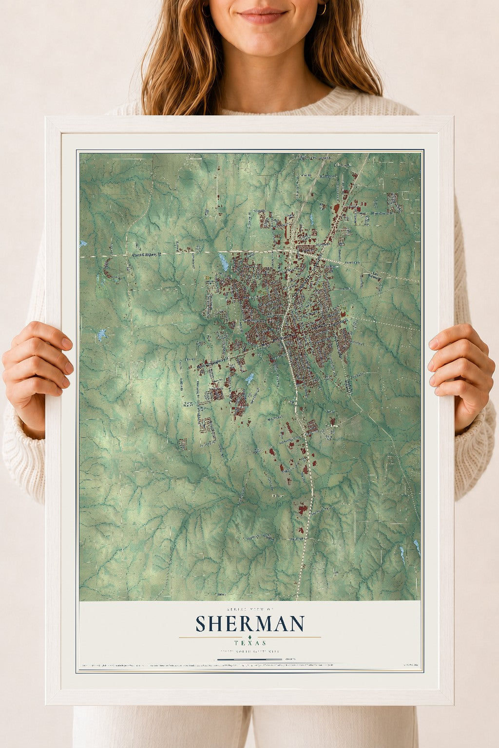 Map of Sherman, Texas, 18 x 24 inch print in a white wood frame