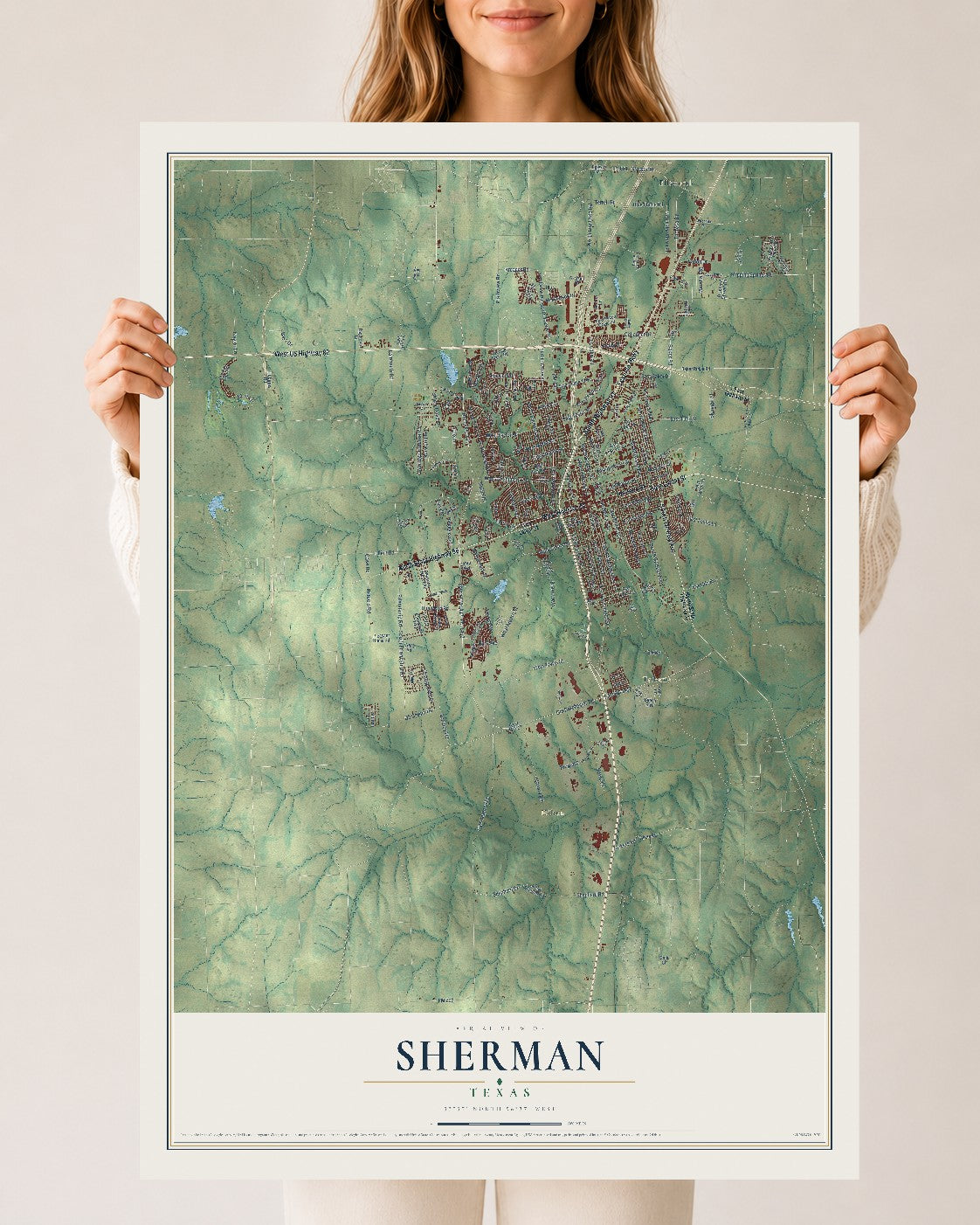 Map of Sherman, Texas, 24 x 36 inch unframed archival matte print