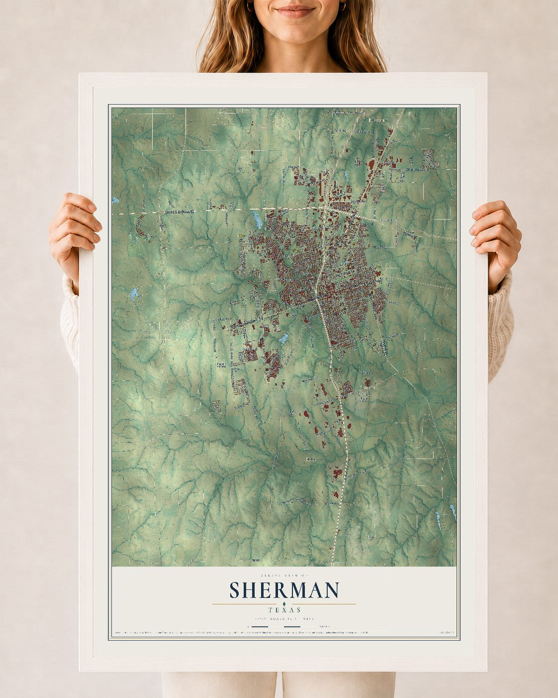 Map of Sherman, Texas, 24 x 36 inch print in a white wood frame