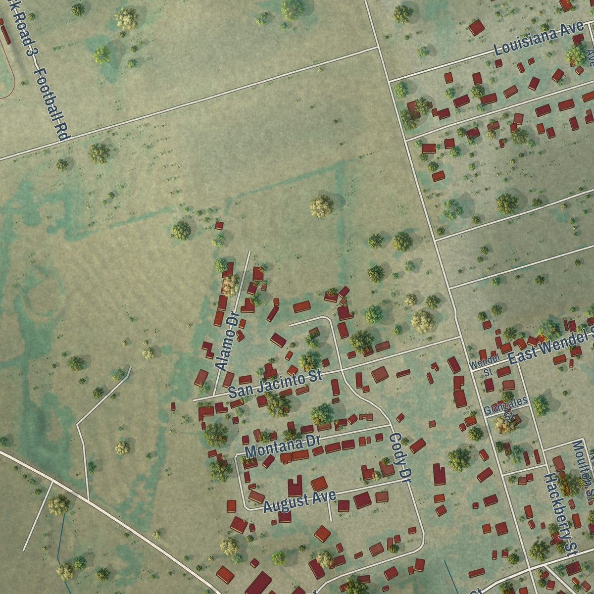Second close-up of the map of Shiner, Texas print showing more streets and buildings