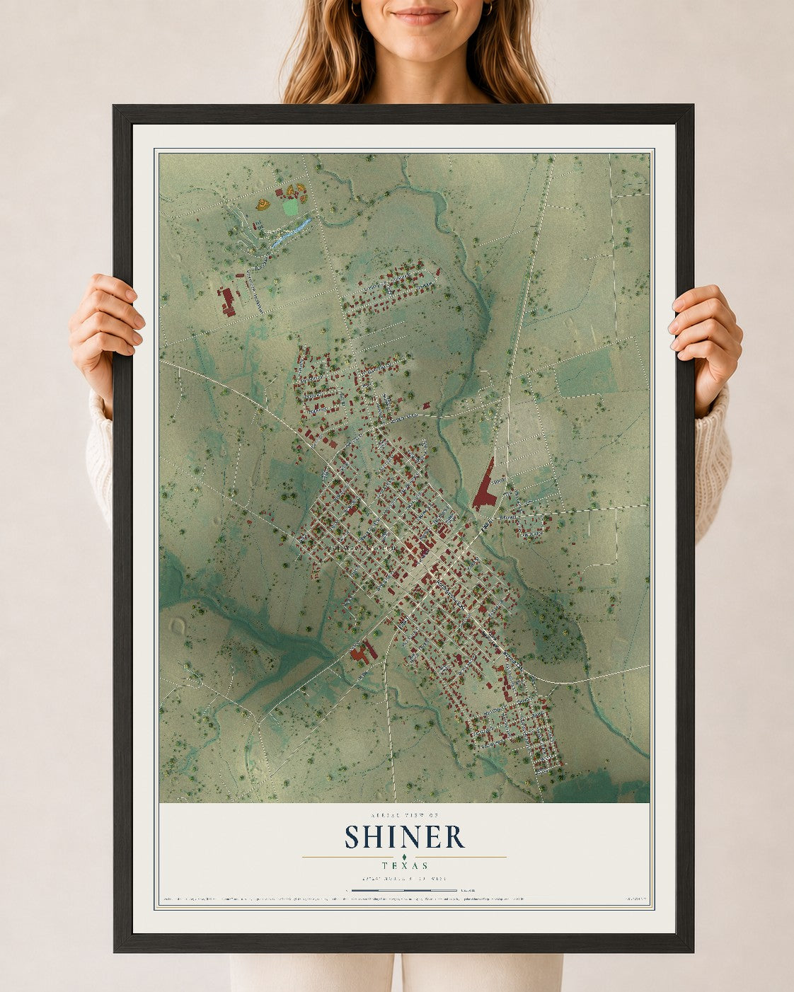 Map of Shiner, Texas, 24 x 36 inch print in a black wood frame