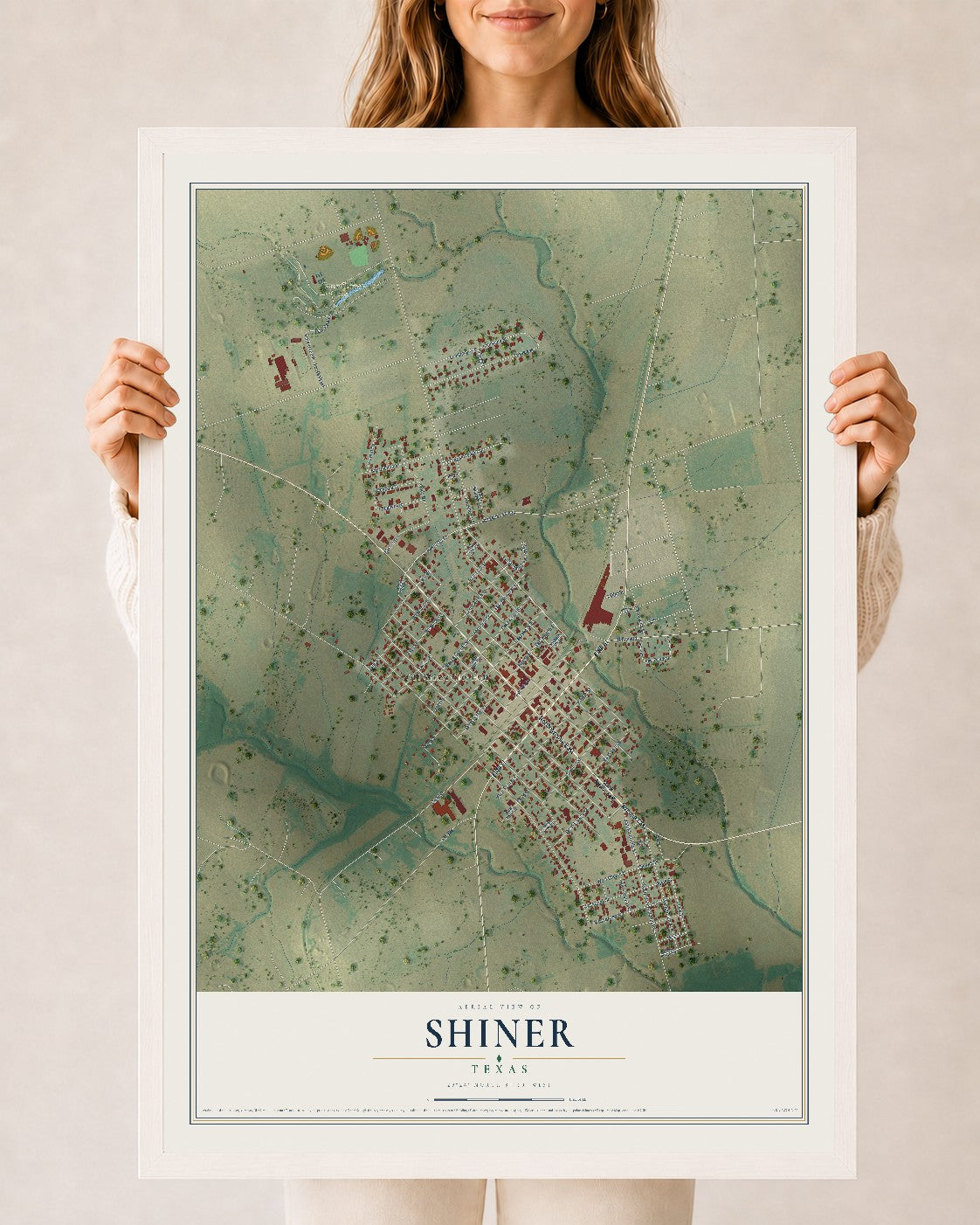 Map of Shiner, Texas, 24 x 36 inch print in a white wood frame