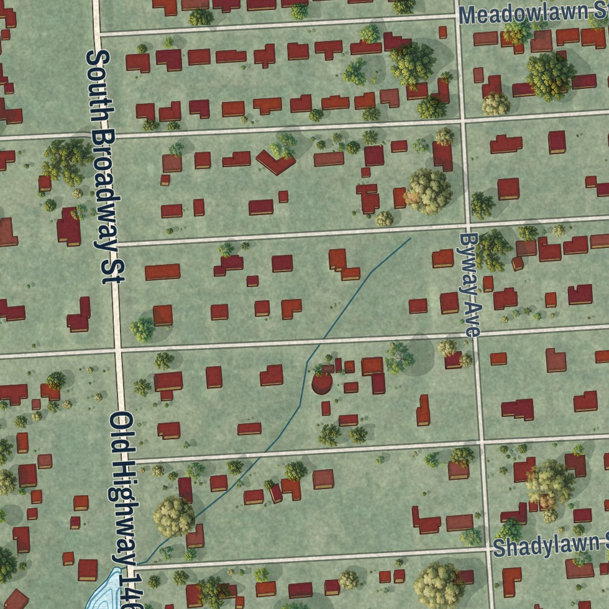 Close-up of the map of Shoreacres, Texas print showing street and building detail