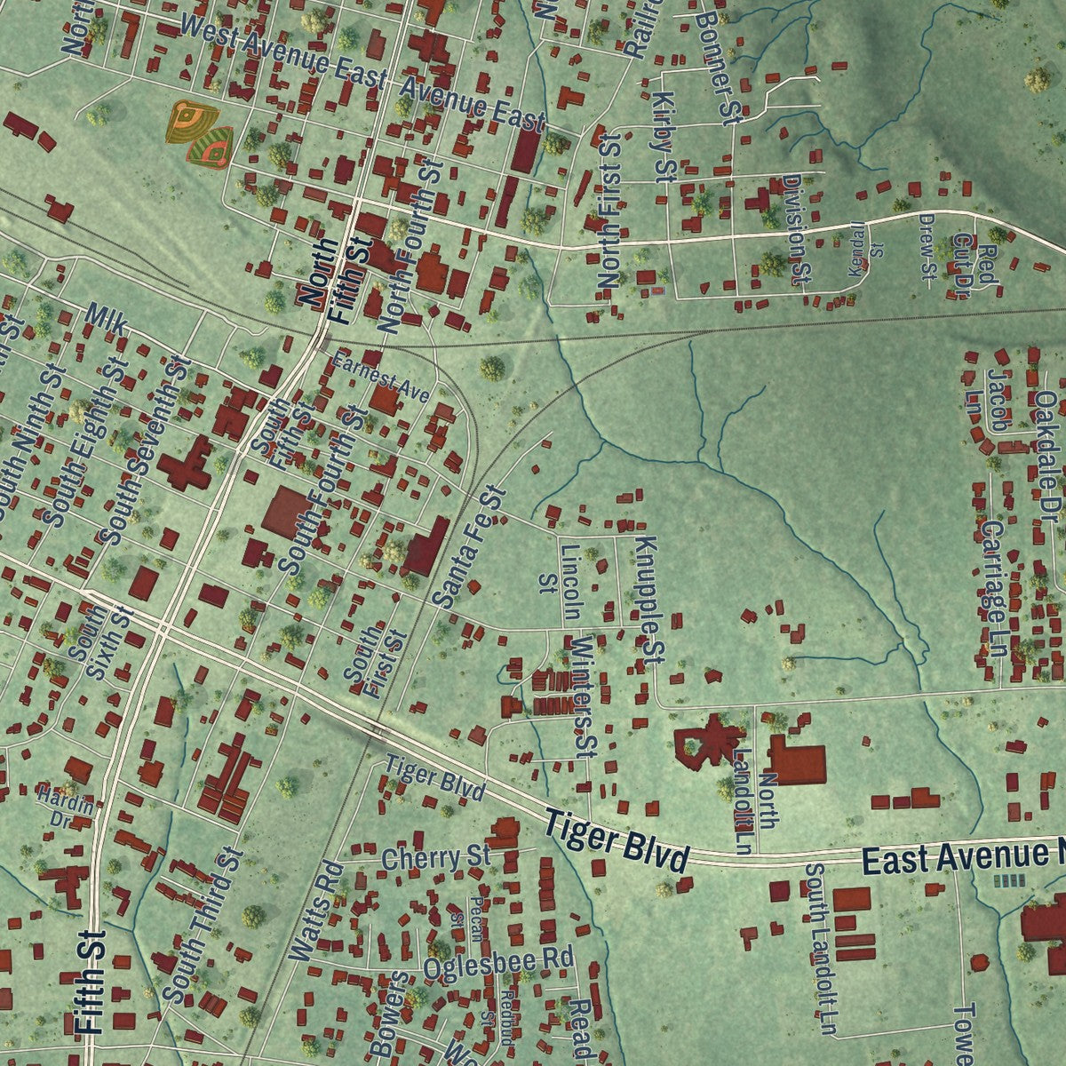 Close-up of the map of Silsbee, Texas print showing street and building detail