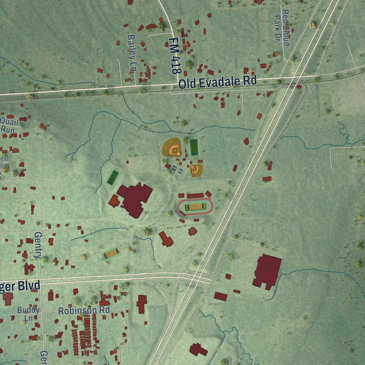 Second close-up of the map of Silsbee, Texas print showing more streets and buildings