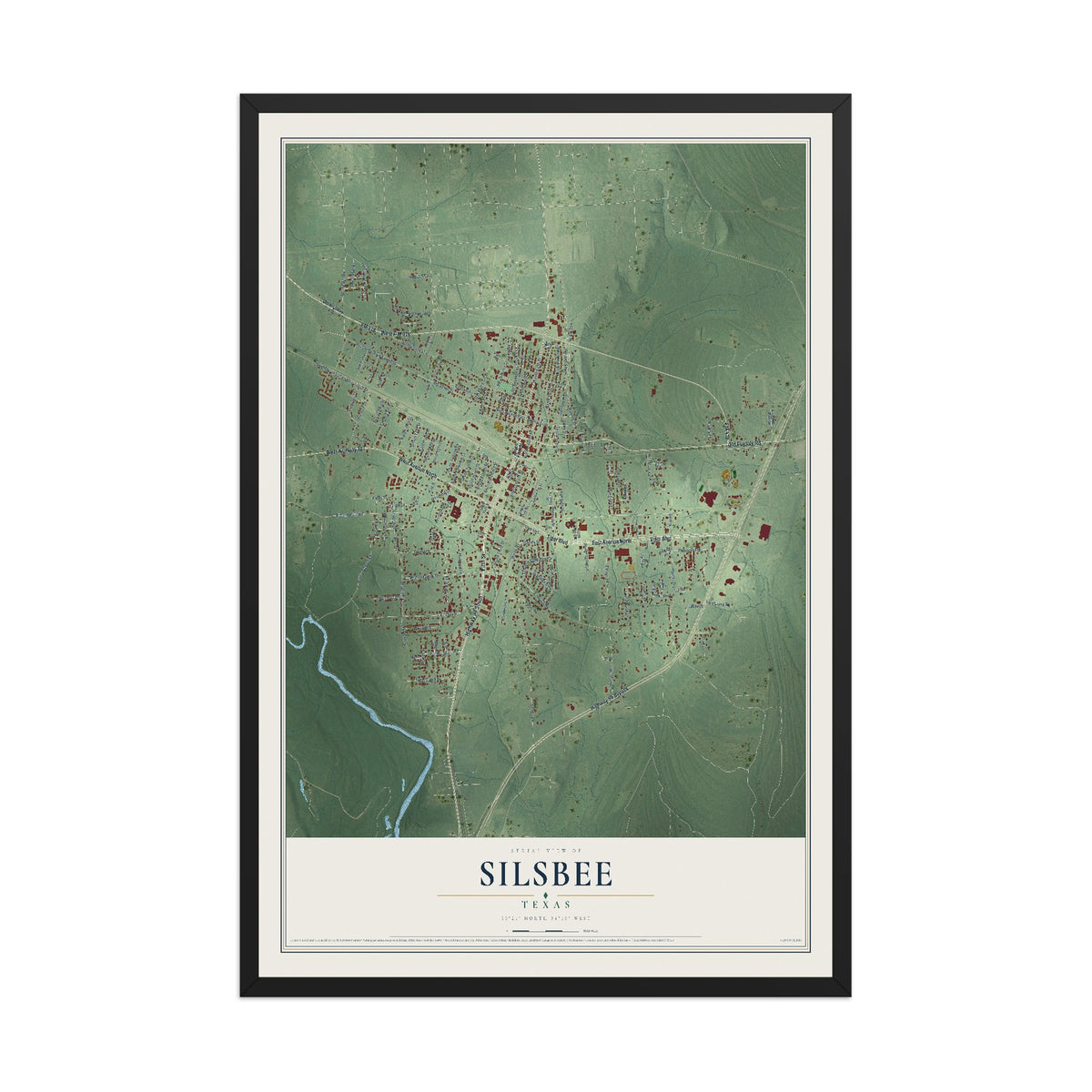 Map of Silsbee, Texas, 12 x 18 inch print in a black wood frame