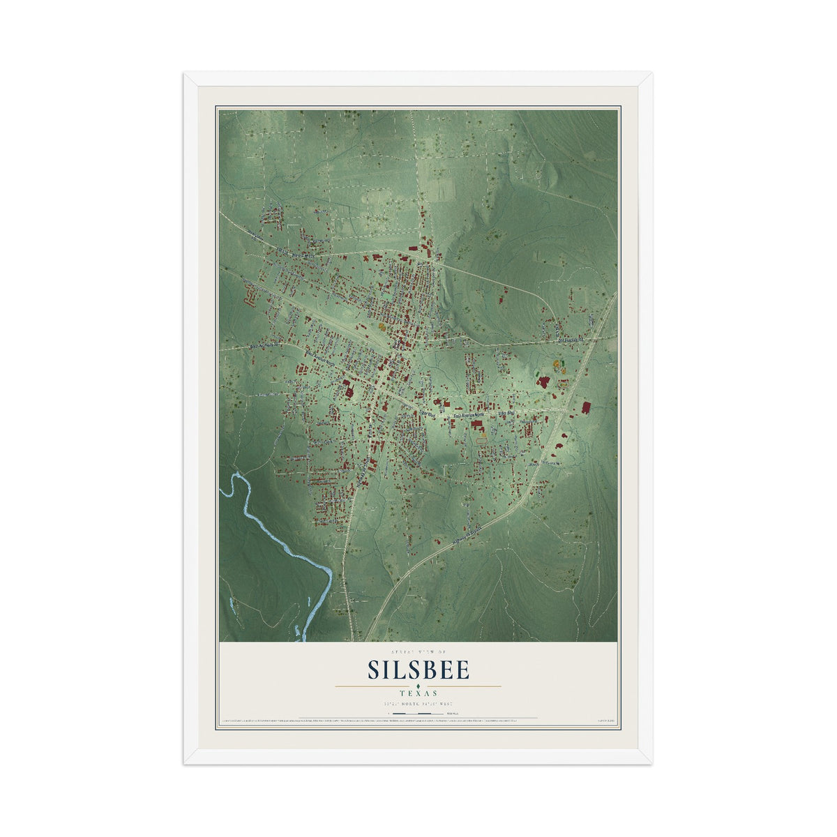 Map of Silsbee, Texas, 12 x 18 inch print in a white wood frame