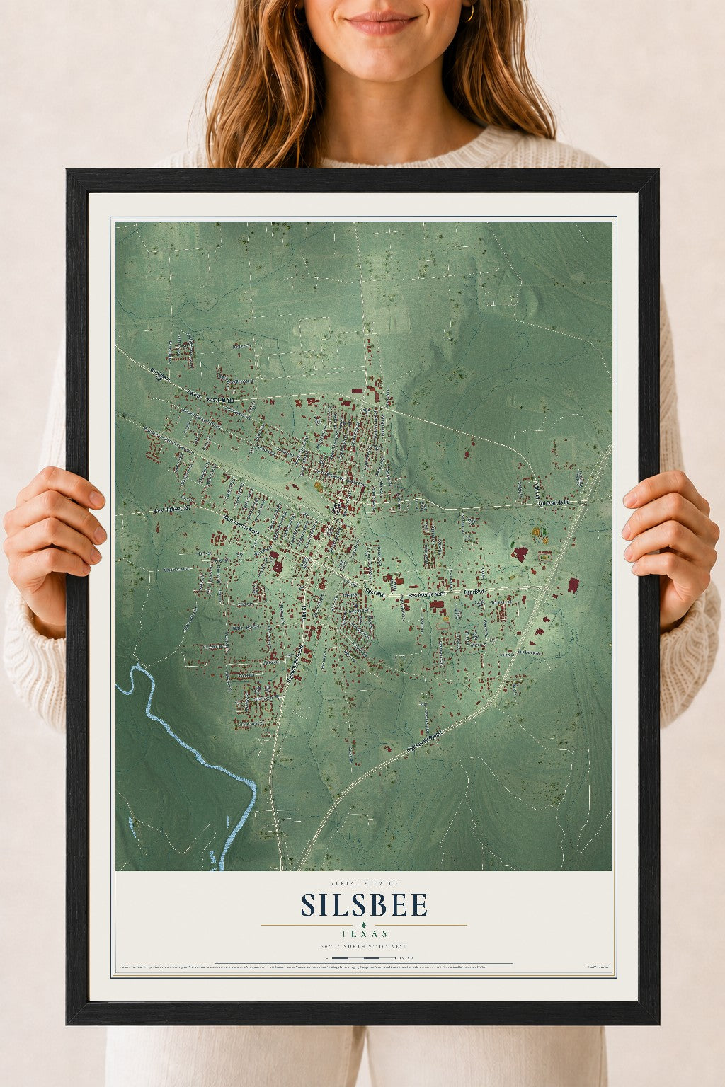 Map of Silsbee, Texas, 18 x 24 inch print in a black wood frame